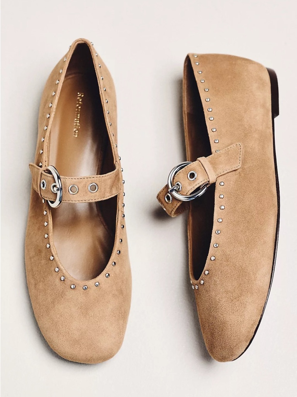 Reformation Tan Suede Studded Mary Jane Flats
